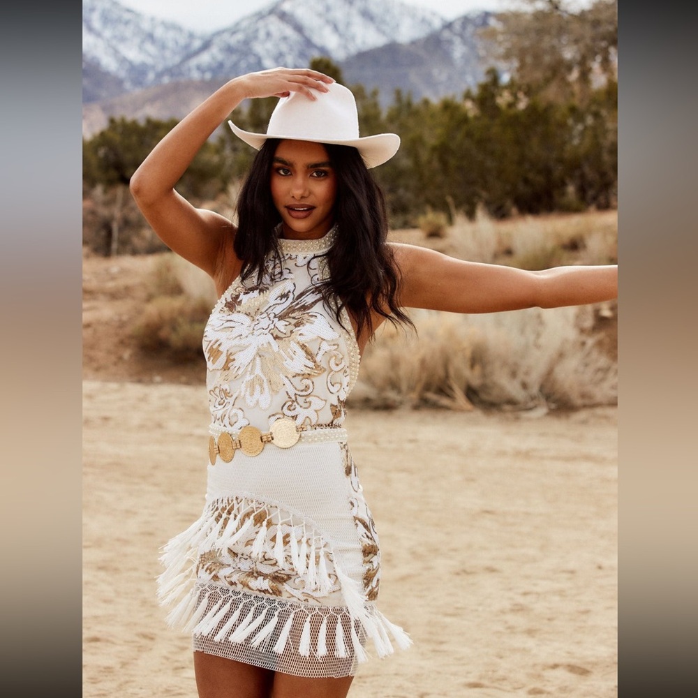 12 Tribe Like Gold Dust White Sequin Fringe Dress